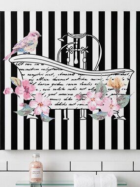 Shabby Chic Bathroom Wall Art Black White Striped Clawfoot Tub Canvas Pink Bird